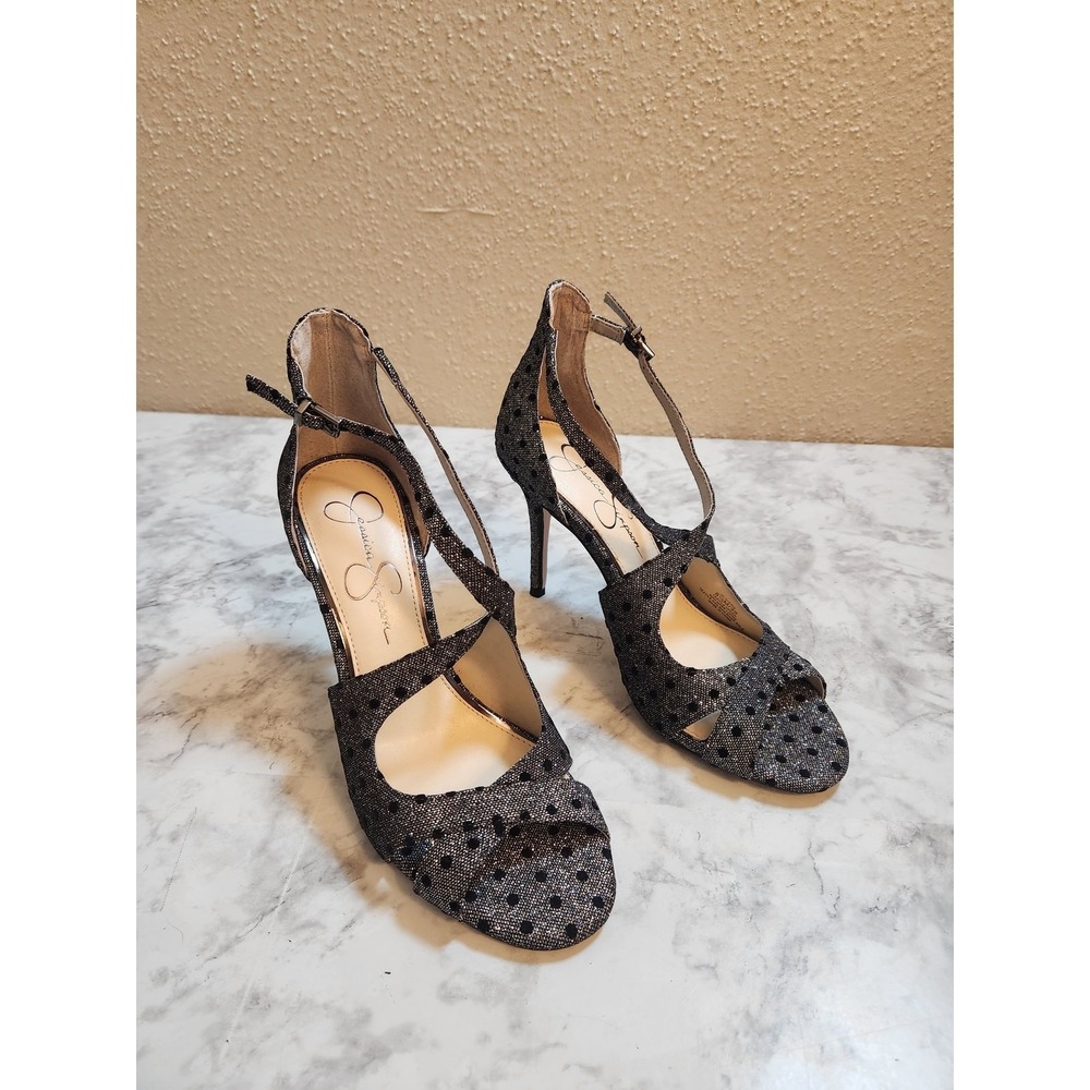 Jessica Simpson 8.5 Black Polka Dot Averie Heeled Sandals Peep Toe Strappy